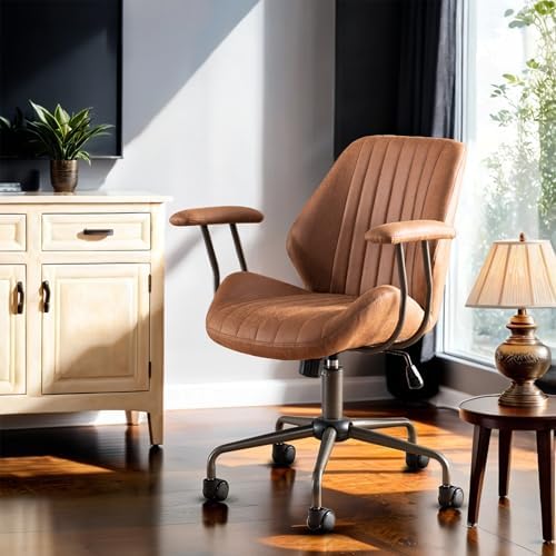 Mid Back Home Office Chair, Mid Century Modern Executive Chair, Comfy Ergonomic Rolling Office Desk Chair with Lumbar Support, Brown Faux Leather Office Chair, Brown - Image 7