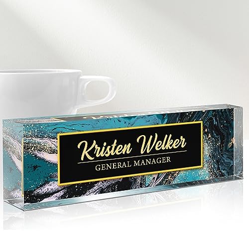 Desk Name Plate Personalized, Custom Name Plates for Desks, Personalized Acrylic Name Plate for Desk, Office Gifts for Coworkers, Boss, Employee, Teacher, Social Worker (Blue/Gold Coast) by Gowelly