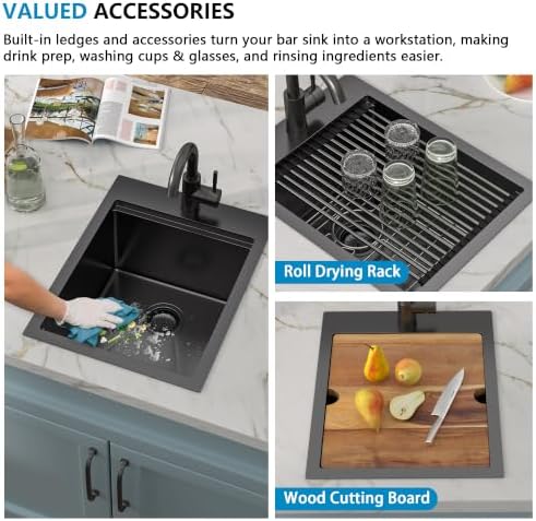 15"x20" Black Bar Prep Sink Drop In Workstation with Faucet Combo - Image 6