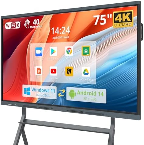 75" Smart Board 4K Interactive Whiteboard SmartBoard for Classroom & Office, EDLA Android 16 & Windows 11 Pro 16G RAM+256G ROM Touchscreen with 48MP AI Camera 50-Points Wall Mount by HUSHIDA