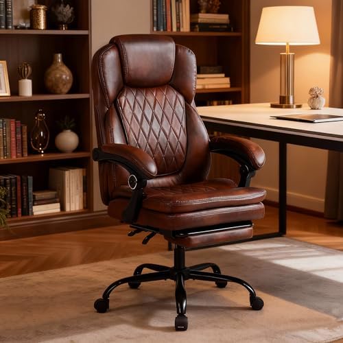 Big and Tall Office Desk Chair, Executive Office Chair with Foot Rest, PU Leather Comfy Reclining Office Chairs for Heavy People, Wide Ergonomic High-Back Computer Chairs, Brown - Image 2