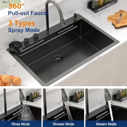 Sarlai Black Waterfall Drop Kitchen Sink 33 Inch Drop In Workstation Sink - Image 4