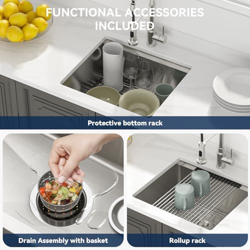 Lordear 21 Undermount Kitchen Sink -21x19 Inch Undermount Bar Sink Stainless Steel 16 Gauge Ledge Workstation Handmade RV Camper Mobile Home Kitchen Sink Basin with Full Cover Cutting Board - Image 5