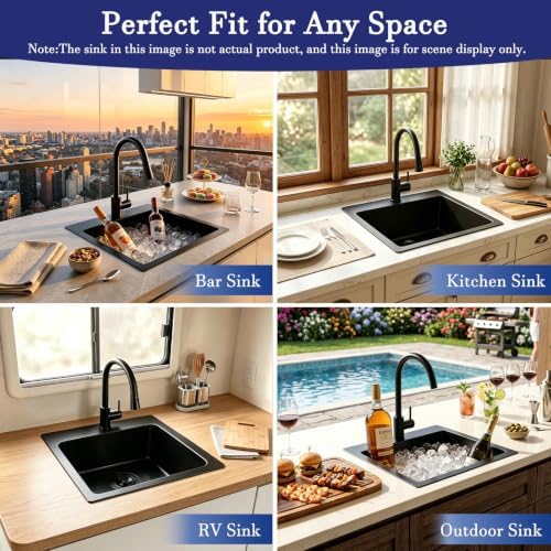 VAPSINT 15x15 Inch Black Drop In Bar Sink, Single Bowl Top Mount Handmade Gunmetal Black Wet Bar Prep RV Sink, 16 Guage Stainless Steel Outdoor Small Kitchen Sinks with Grid & Drain Strainer - Image 4