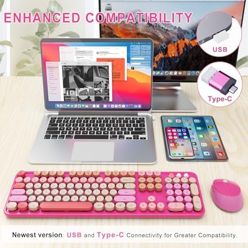 SkyGive Wireless Keyboard and Mouse Combo, Ergonomic Full Size Typewriter Retro Round Keycaps Keyboard, Compatible with Windows, PC, Perfer for Home and Office Keyboards （Red） - Image 2