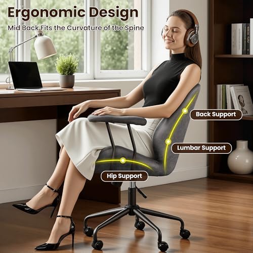 ovios Ergonomic Office Chair, Mid-Back Faux Suede Fabric Executive Chair with Padded Armrest, Mid-Century Modern Comfy Swivel Rolling Computer Desk Chairs, Gray - Image 3