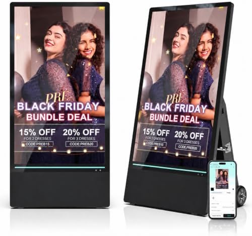 43 Inch Outdoor Digital Signage Kiosk, IP65 Waterproof Portable A-Frame LCD Display with Rechargeable Battery, 2000-Nit Auto-Brightness and Impact-Resistant Screen for Retail Store by JASZDOT