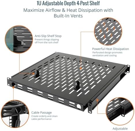 Tecmojo 1U Sliding Rack Shelf,4-Post Vented Rack Mount Shelf,13.8in Deep with Adjustable Mounting Depth 13.8-19.7in,Supports to 110lbs,for 19 Inch AV/Network Equipment Rack,Unassembled,Black - Image 5