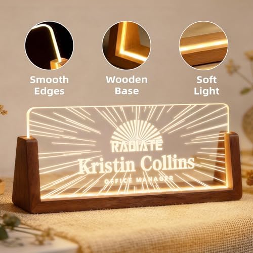 Personalized Light Up Acrylic Desk Name Plate - Custom Name Plate for Desk with Walnut Wood Base - Appreciation Office Gifts for Employees, Teacher, Social Worker (Sunrise) - Image 7