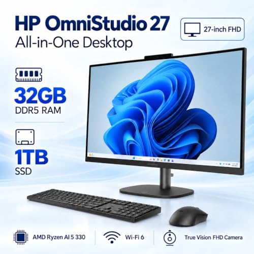 HP OmniStudio 27" FHD All-in-One Desktop for Home Office, 32GB DDR5, 1TB SSD, AMD Ryzen AI 5 330 AI-Enhanced CPU, Multi-cores, Up to 4.5GHz | True Vision FHD Camera, WiFi 6, 20Gbps with USB-C Ports - Image 2