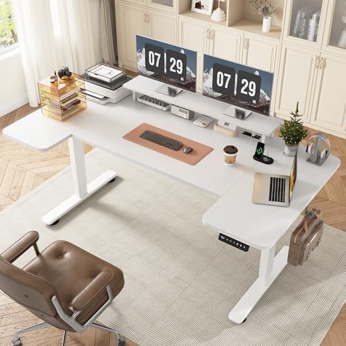 EnHomee 71 x 36 Inch U Shaped Electric Standing Desk, Height Adjustable Desk with Power Outlet, 3 Memory Height Preset,Monitor Shelf for Home Office Work Study Gaming, White by EnHomee
