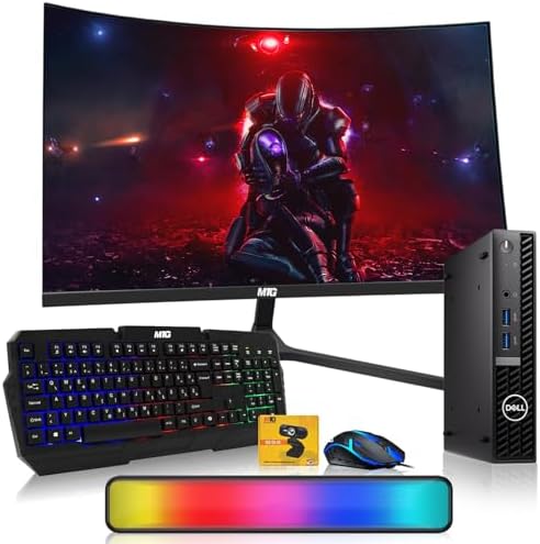 Dell Optiplex Tiny Mini Desktop PC, Intel Core i5, 16GB RAM, 512GB SSD with 27 inch Curved Monitor, AI Enabled RGB Keyboard Mouse, RGB Soundbar and Webcam Windows 11 Pro (Renewed) by Amazon+Renewed