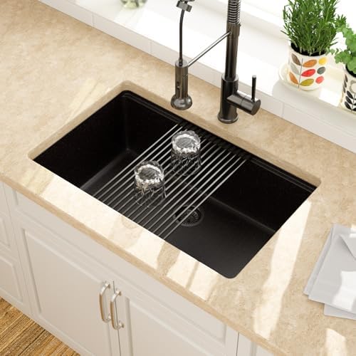 Lordear 28 Inch Black Granite Composite Kitchen Sink Workstation 28x19 Matte Black Undermount Quartz Sinks Under Counter Single Bowl Sink with Black Accessories - Image 3