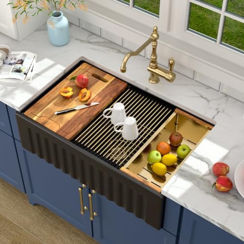 Lordear 33 Inch Matte Black Farmhouse Sink Workstation Fireclay by LORDEAR