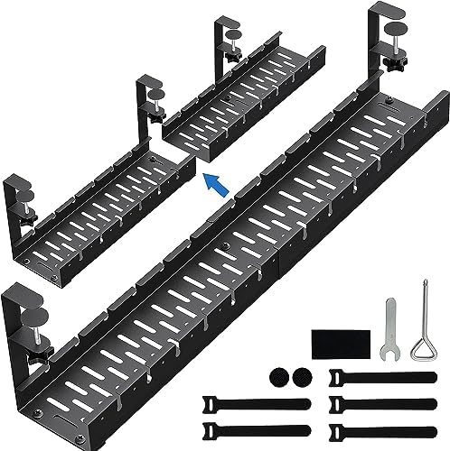 No Drilling Extendable Under Desk Cable Management, Metal Cable Management Tray Under Desk with Clamp, Retractable Power Strip Cord Holder for Wire Management 31Inch (2 Pack Extendable 31') by BIWIST