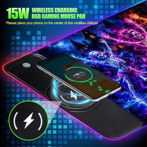Wireless Charging RGB Gaming Mouse Pad Skull Dance 31.5 x 11.8 Inch Extended Mouse Mat with Neon Geometric Line Design, LED Desk Pad with 7 Lighting Modes, Non-Slip Base for Gaming & Office - Image 2