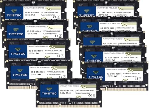 Timetec 80GB KIT(10x8GB) DDR3L / DDR3 1600MHz (DDR3L-1600) PC3L-12800 / PC3-12800 Non-ECC Unbuffered 1.35V/1.5V CL11 2Rx8 204 Pin SODIMM Laptop Notebook PC Computer Memory RAM Module Upgrade Black PCB by Timetec