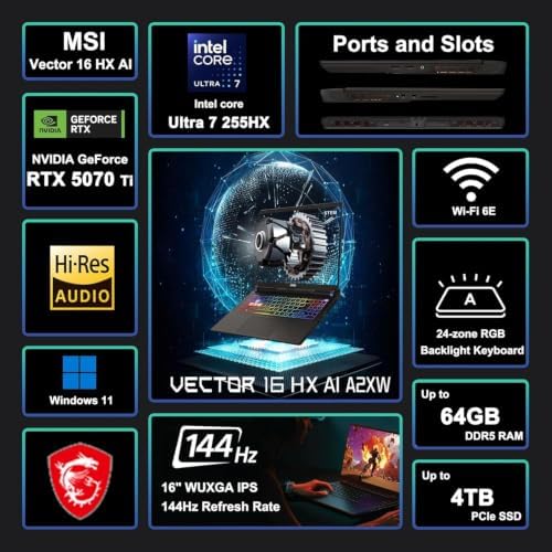 msi Vector 16 HX AI Gaming Laptop 16" WUXGA IPS 144Hz Intel 20-core Ultra 7 255HX (>i9-14900HX) 64GB DDR5 1TB SSD GeForce RTX 5070 Ti RGB Backlit Thunderbolt5 Win11 ICP Acc - Image 2