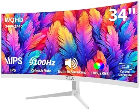 34'' Ultrawide Curved Monitor-WQHD 3440x1440 Resolution,100Hz, IPS Panel, Built-in Speakers,3800R Curvature,HDR10,AMD FreeSync Premium,21:9 Aspect Ratio,Low Blue Light,Flicker-Free Technology-White by ZZA