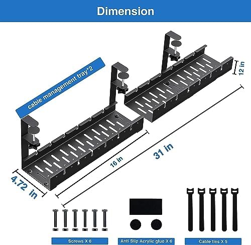 No Drilling Extendable Under Desk Cable Management, Metal Cable Management Tray Under Desk with Clamp, Retractable Power Strip Cord Holder for Wire Management 31Inch (2 Pack Extendable 31') - Image 4
