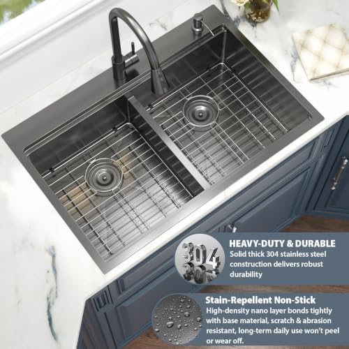 33 x 22 Black Kitchen Sink Drop In Double Bowl Stainless 50/50 Low Divide - Image 6