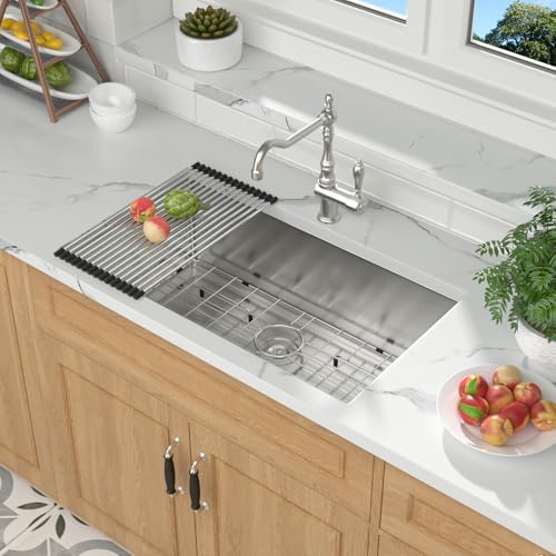 Mocoloo 33 Undermount Kitchen Sink - 33 x 19 Inch Kitchen Sink Undermount Stainless Steel 16 Gauge Single Bowl Under Counter Handmade with Offset Drain, 10'' Deep Basin by MocolooHome