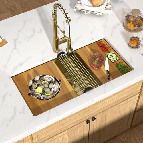 36x19" Gold Undermount Kitchen Sink, Workstation All-In One 16 Gauge T-304 Stainless Steel Single Bowl Handmade Under Counter Large Sink for Kitchen & Island #TLU-0050 by SmartLivingBeautifulHomes