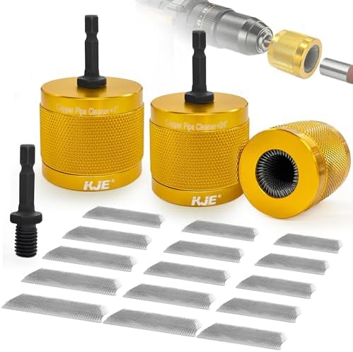 KJE 3-Piece Metal Copper Pipe Cleaner Set for Drill (1/2", 3/4", 1"), with 15 Brush Blades & 1/4" Hex Shank, Plumbing Tools for Removing Rust & Paint from HVAC Metal Pipes, Yellow by KJE