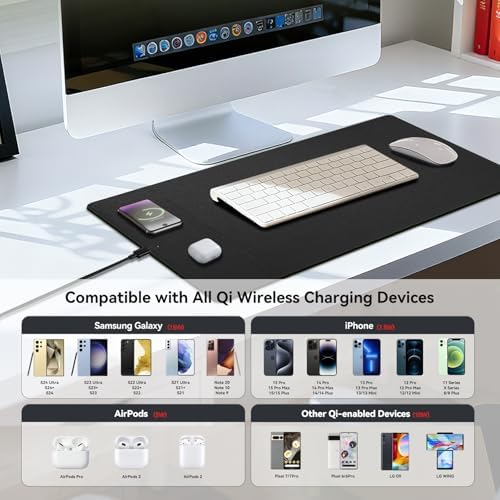 Wireless Charging Mouse Pad, 15W Fast Charge Magnetic Charger Desk Pad, Large Office Desk Mat (23.4"x15.6") with Ultra-Smooth Surface, Black Computer Mousepad for MacBook, PC, Laptop - Image 6