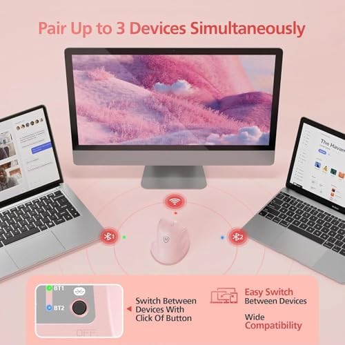 Micropack Wireless Bluetooth Mouse Ergonomic Vertical for Laptop MacBook PC Tablet Rechargeable Silent Click Multi-Device 3-Mode 2.4G Adjustable DPI Compatible with Windows Android iOS MacOS Pink - Image 2