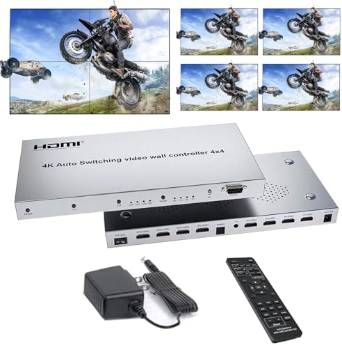 4k Video Wall Controller 4X4 Matrix Switch Splitter 4 HDMI in 4 HDMI Out Switcher 3.5mm Output Audio Support Auto Switching IR Remote RS232 180° flip 12 Splicing Modes 2x2 1x2 1x3 1x4 2x1 3x1 4x1 etc by Unknown