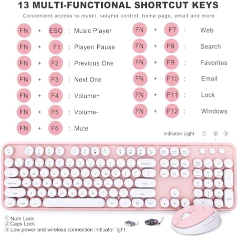 Wireless Keyboard and Mouse Combo, Ergonomic Full Size Typewriter Retro Round Keycaps Keyboard, Compatible with Windows, PC, Perfer for Home and Office Keyboards (Lovely Pink) - Image 4