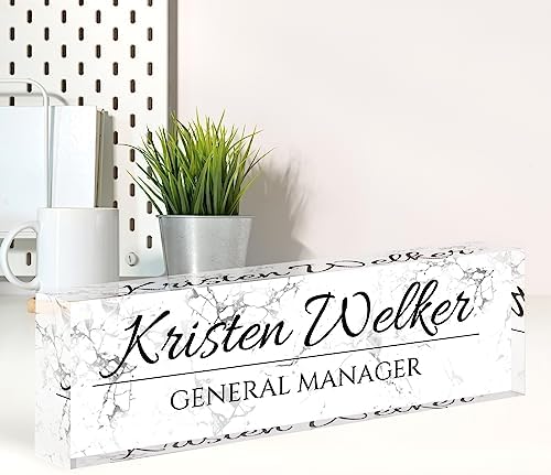 Name Plate for Desk, Desk Name Plate Personalized, Office Decor for Women Men, Acrylic Desktop Accessories, Office Appreciation Gifts for Boss Social Workers Nurse Teacher Employee (White Marble) by Spricoz
