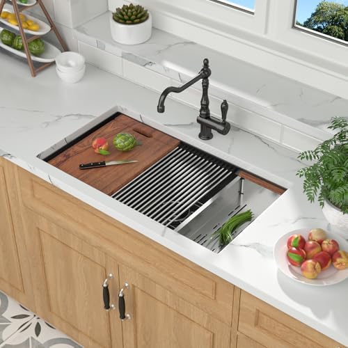 Mocoloo 33 Inch Undermount Kitchen Sink - 33 x 19 Black Stainless Steel Sinks Ledge Workstation 16 Gauge Deep Single Bowl Handmade NANO-PVD Under Counter Gunmetal Black Kitchen Sink - Image 2