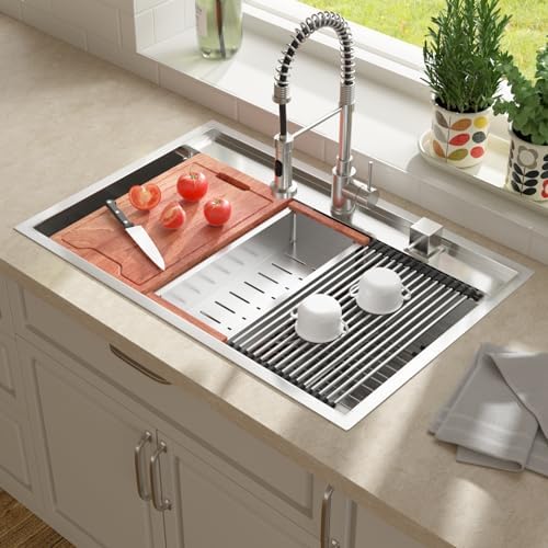 33 Inch Kitchen Sink Drop In - Lordear 33x22 inch Stainless Steel Kitchen Sink Drop-in Topmount 16 Gauge Single Bowl Workstation Kitchen Sinks with Accessories - Image 2