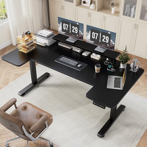 EnHomee U Shaped Electric Standing Desk, 71 x 36 Inch Height Adjustable Desk with Power Outlets, 3 Memory Heights, Monitor Shelf, Home Office Work Study Gaming Computer Desk by EnHomee