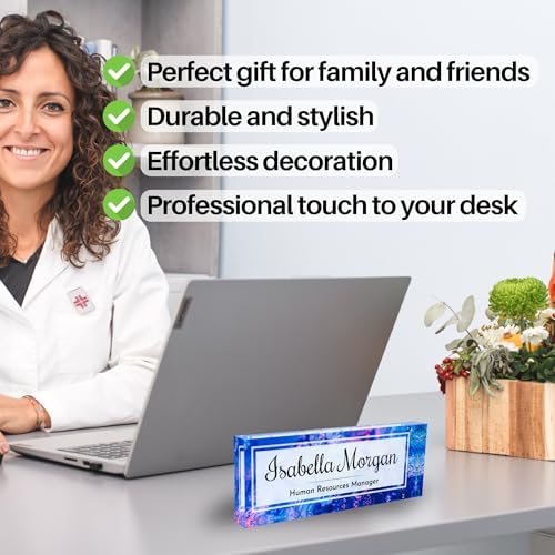 Customized Clear Acrylic Thick 8x3" Desk Name Plate Block with Personalized Logo - Professional Office Decor - Customized Acrylic Plate Gift for Teacher Co-workers (Indigo Dream) - Image 4