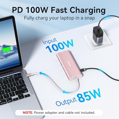 USB C Hub Adapter,10 in 1 USB C to USB HDMI Ethernet Hub with 4K@60Hz HDMI+Ethernet+4USB+1USB-C Data Port+SD/TF Card Reader+100W PD (Pink) - Image 6