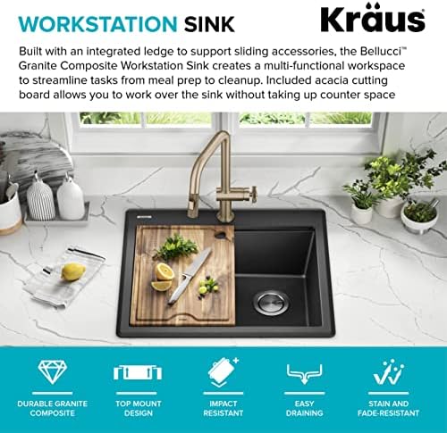 KRAUS Bellucci 25-inch Granite Workstation Drop In Top Mount Single Bowl Kitchen Sink in Metallic Black with Accessories, KGTW12-25MBL - Image 3