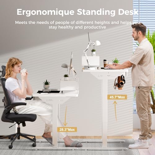 GTPLAYER Electric Standing Desk with Drawers, 55 x 24 Inch Height Adjustable Gaming Desk with Monitor Stand, Power Outlets & LED Lights, Home Office Sit Stand Up Desk with Memory Preset (White) - Image 3