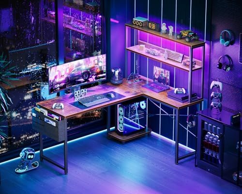 AODK L Shaped Desk Gaming Desk with LED Light & Power Outlet - Image 2