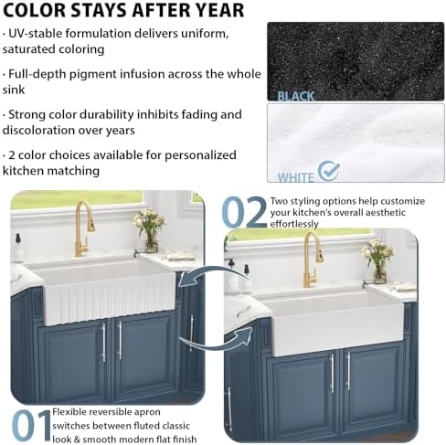Kichae White Farmhouse Kitchen Sink 33 Undermount Granite Composite Quartz - Image 4