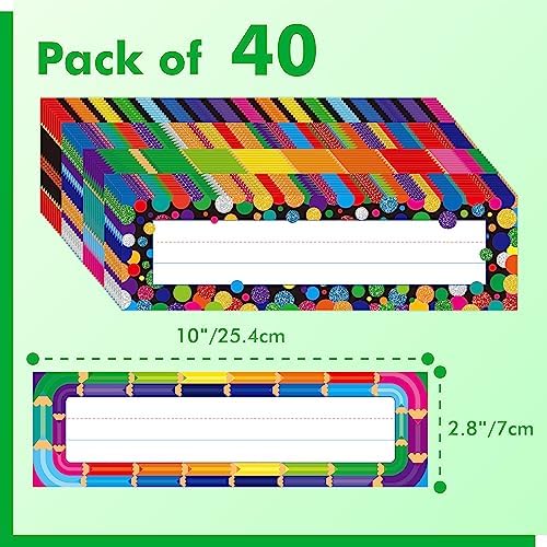 40PCS Desk Nameplates, 4 Designs Double Sided PET Film Desk Name Tags Erasable & Reusable Traditional Manuscript Name Plate Colorful Decoration for Student School Classroom Organization (10” x 2.8”) - Image 2