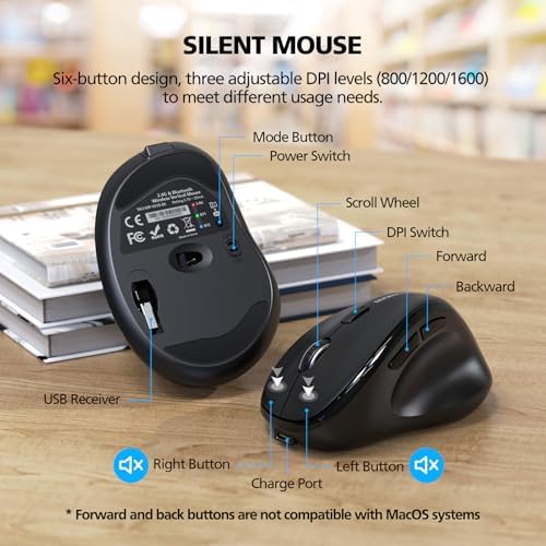 Bluetooth Wireless Mouse Ergonomic Vertical for Laptop Computer Macbook iPad Tablet Rechargeable Silent Click USB Carpal Tunnel Right Hand Compatible with Windows iOS Mac OS Android Black - Image 5