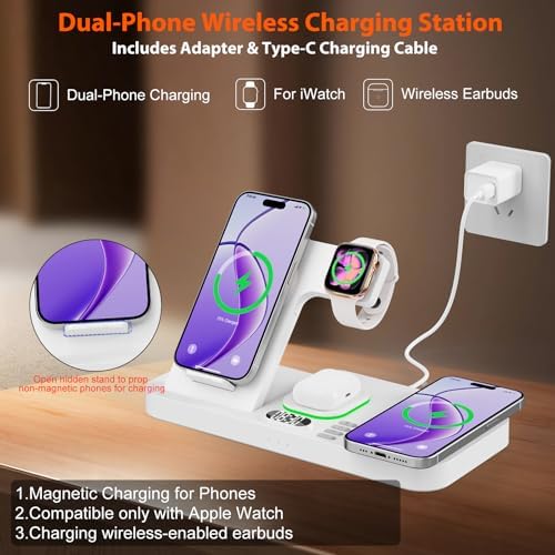 Dual Phone Magnetic Wireless Charging Station for Apple Devices, 7-Color Auto Light & 12H Clock, Multi-Device Charger for iPhone 18 Pro/18 Pro Max/17/16, for iWatch 11/10/9 & AirPods Pro3(Cream - Image 3