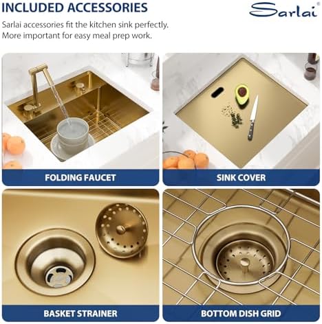 Sarlai Outdoor Sink, 21x19 Inch Gold Undermount Kitchen Sink Workstation with Foldable Faucet Bar Prep Single Bowl Gold Kitchen Sinks16 Gauge Stainless Steel BBQ Sinks with Cover 21"x19"x9“ - Image 6