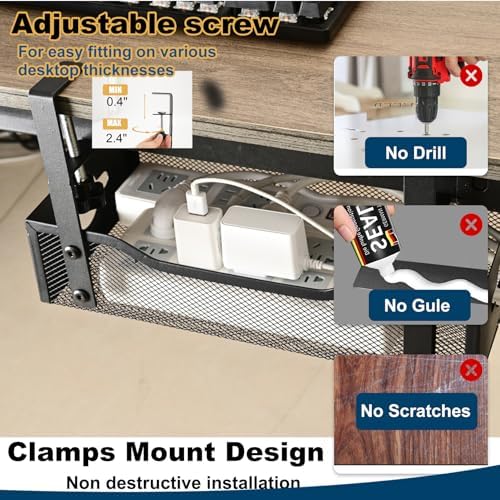 Large Under Desk Cable Management Tray - Heavy Duty Metal Cord Organizer with No Drill Installation for Office & Home Office Desks to Hide Wires & Power Strips (Black, XL) (Pack of 2) - Image 5