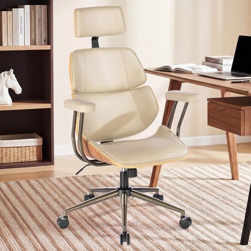 Mid Century Walnut PU Leather High Back Office Chair with Headrest, Beige by BERYTH