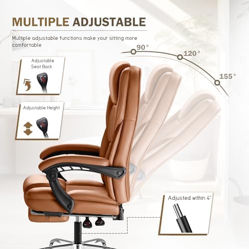 Furmax Executive Office Chair with Foot Rest Big and Tall Office Chair Ergonomic Home Office Desk Chairs Reclining High Back Leather Chair with Lumbar Support, 400LBS (Brown) - Image 6