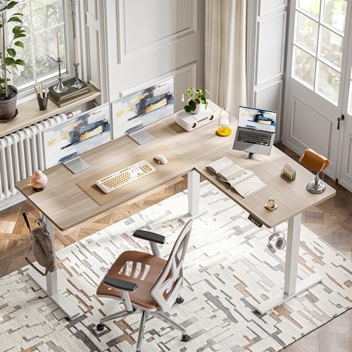 TIQLAB L Shaped Standing Desk Adjustable Height, Electric Corner Standing Desk, 63 x 55 inch Sit Stand Computer Table with Splice Board, Light Walnut - Image 2